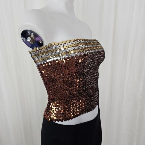Brown silver and gold sequin tube top Smocked small - Picture 4 of 6